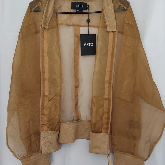 GSTQ Sheer Metallic Gold Bomber Jacket Women's Size 3X NWT - Picture 11 of 16